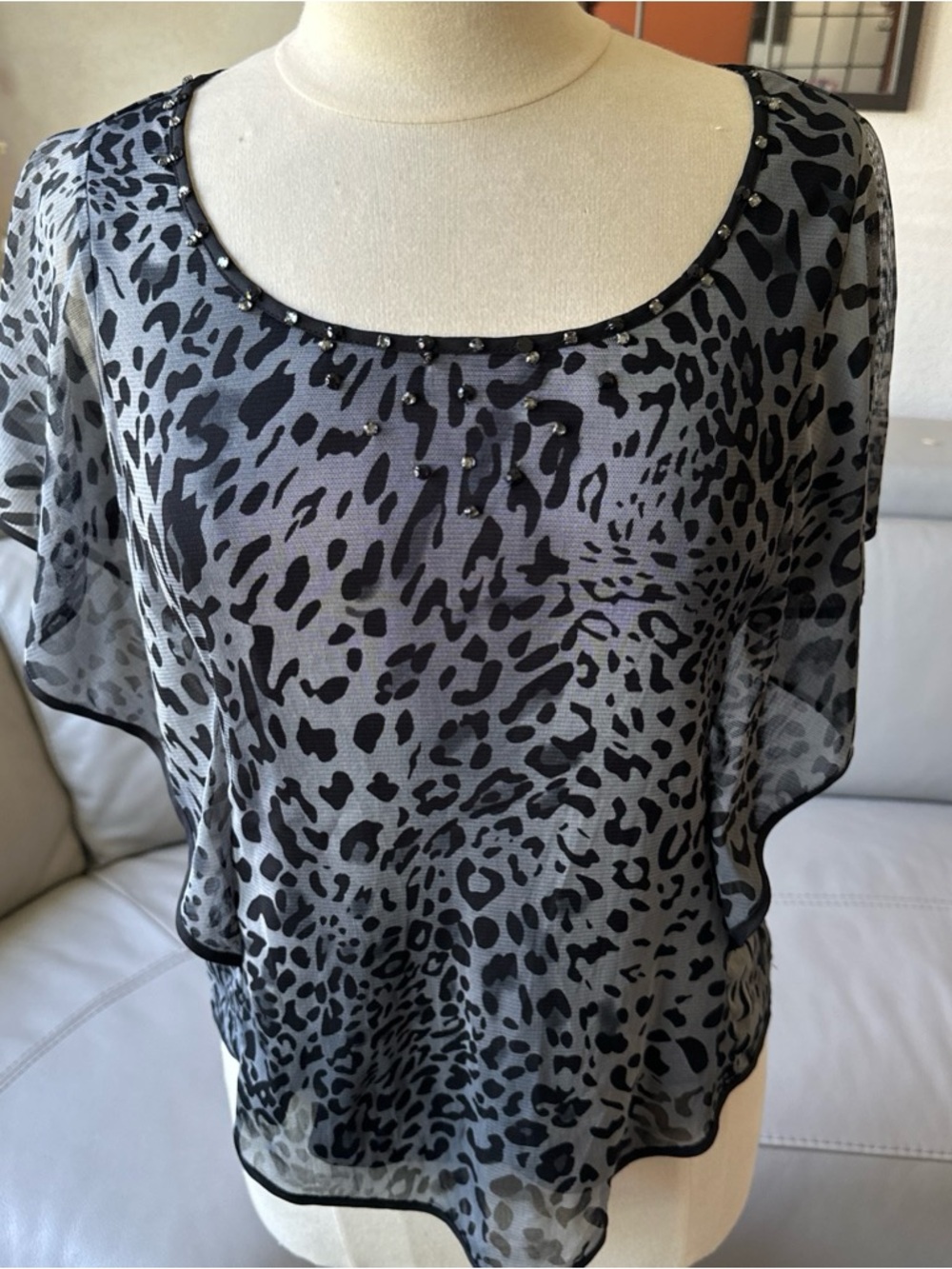 Eci New York Women's Black & Gray Animal Print Sheer Top size S